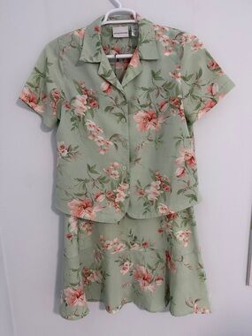 Alfred Dunner Mint Green Floral 2-Piece Skirt Set SZ12 Blouse 12P Skirt